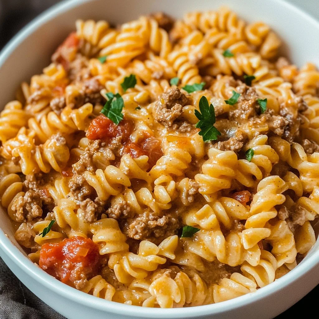 Stovetop creamy ground beef pasta dish served in a bowl.