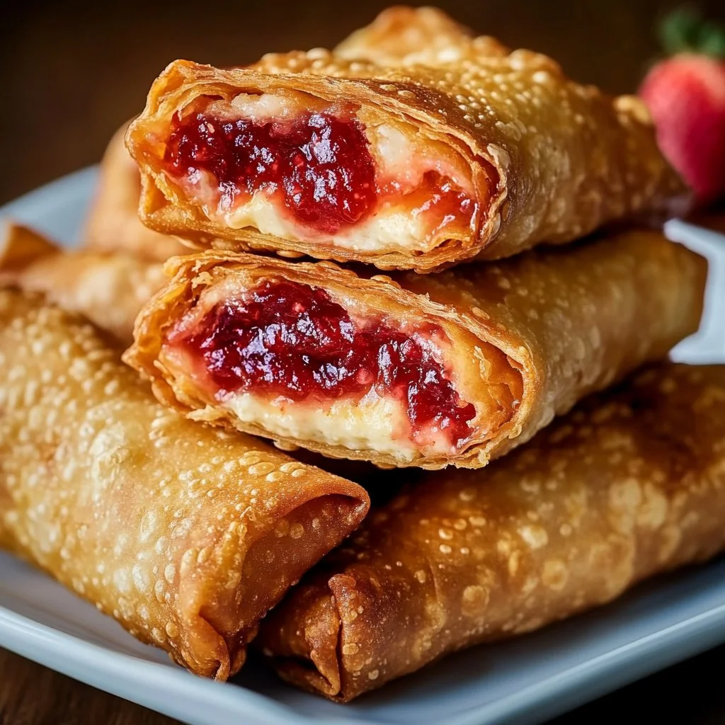 Delicious strawberry cheesecake egg rolls served on a plate