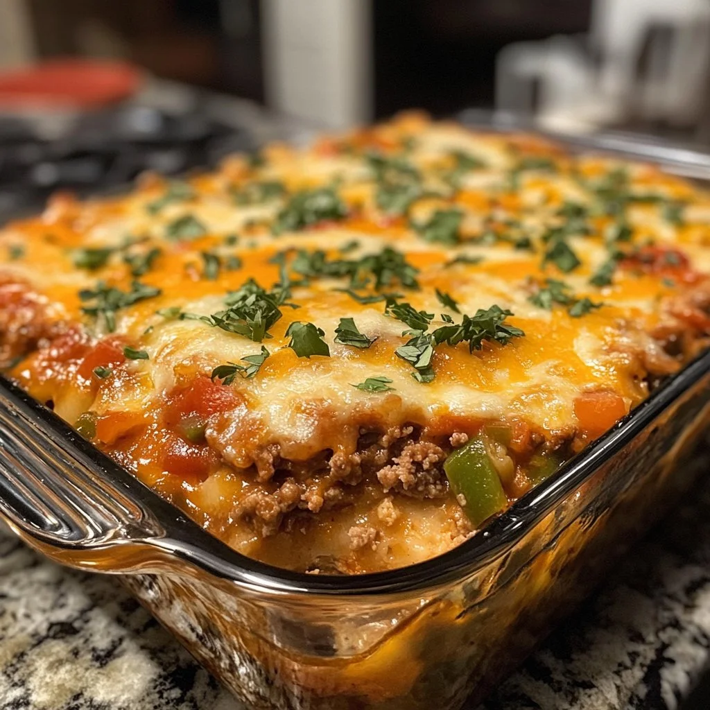Delicious Stuffed Chile Casserole topped with melted cheese and fresh herbs