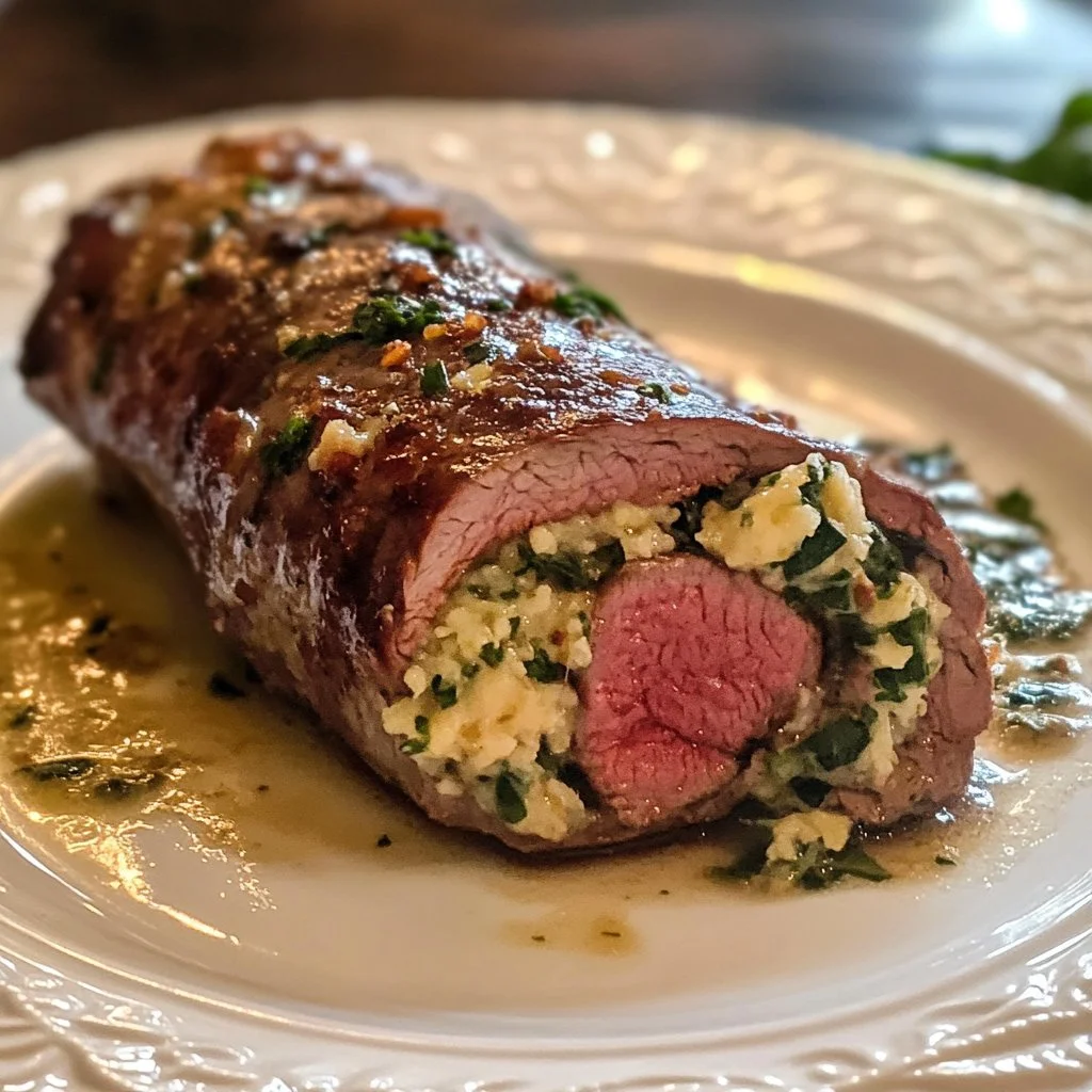 Deliciously cooked stuffed flank steak filled with herbs and cheese