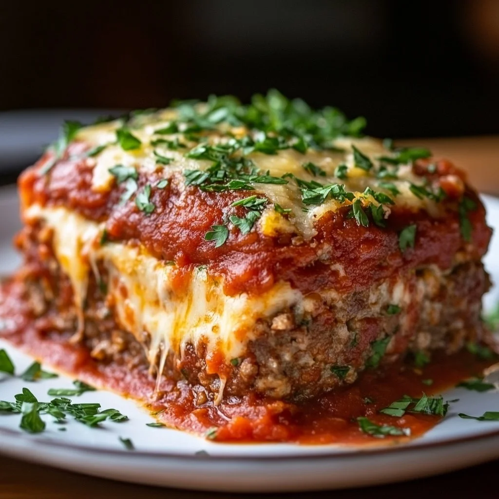 Delicious stuffed Italian meatloaf served on a plate with herbs and sauce.