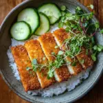 Delicious crispy tofu cutlet served with dipping sauce and vegetables