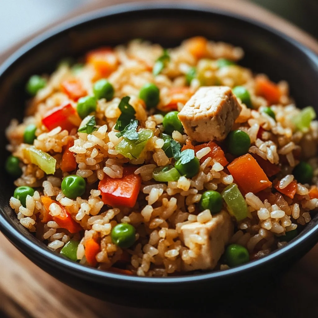 Bowl of vibrant tofu fried rice with colorful vegetables