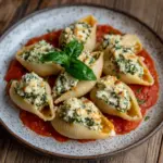 Plate of Tofu Ricotta Stuffed Shells with Spinach garnished with herbs