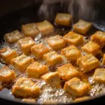 Ultimate crispy pan fried tofu served on a plate with dipping sauce and garnish