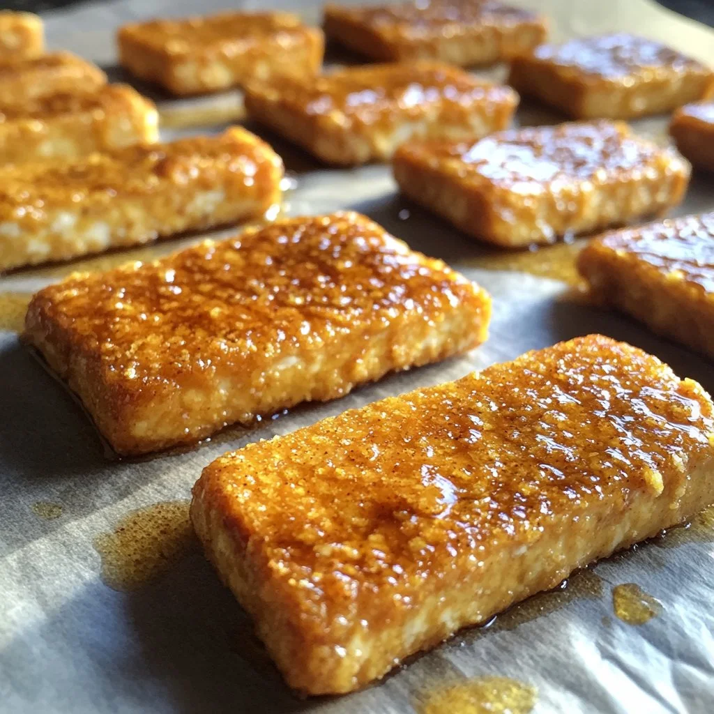 Vegan baked honey mustard tofu tenders served on a plate