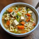 Bowl of gluten-free vegan chicken noodle soup garnished with fresh herbs