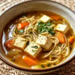 Bowl of Vegan Chicken Noodle Soup with Tofu garnished with fresh herbs