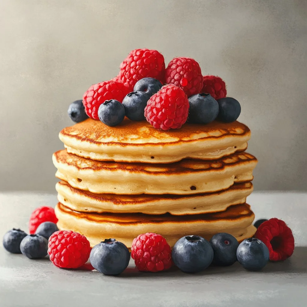 Fluffy vegan silken tofu pancakes served with syrup and fresh fruit