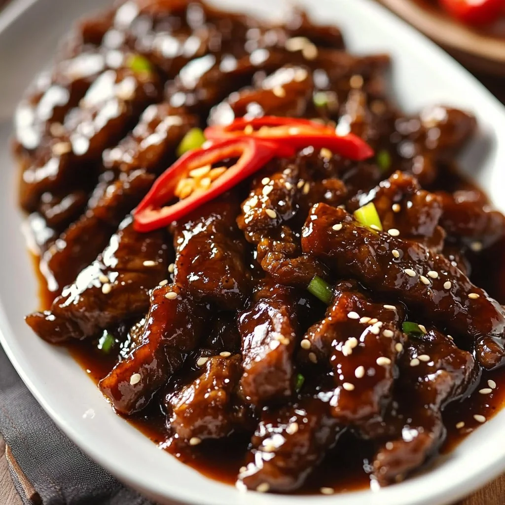 Plate of crispy Mongolian beef with rice and vegetables.