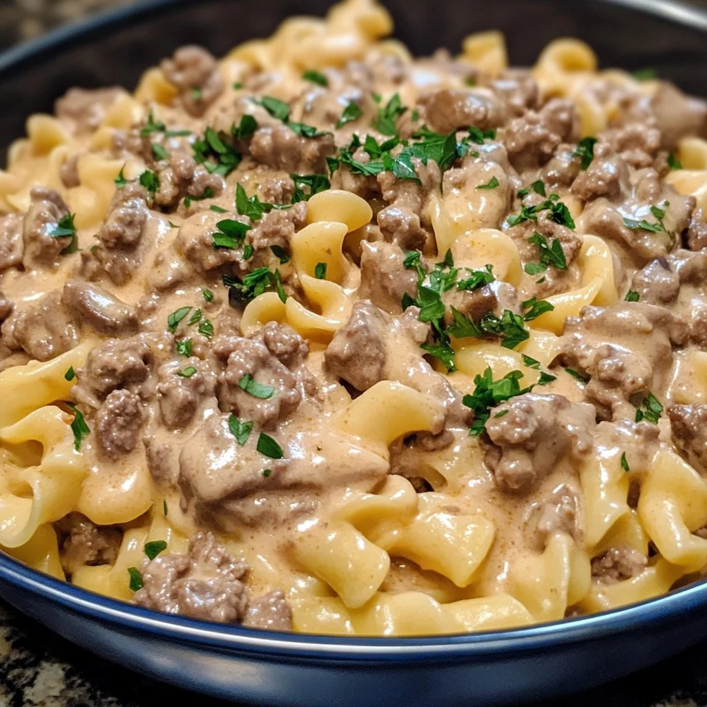 30-Minute Ground Beef Stroganoff with creamy sauce and mushrooms
