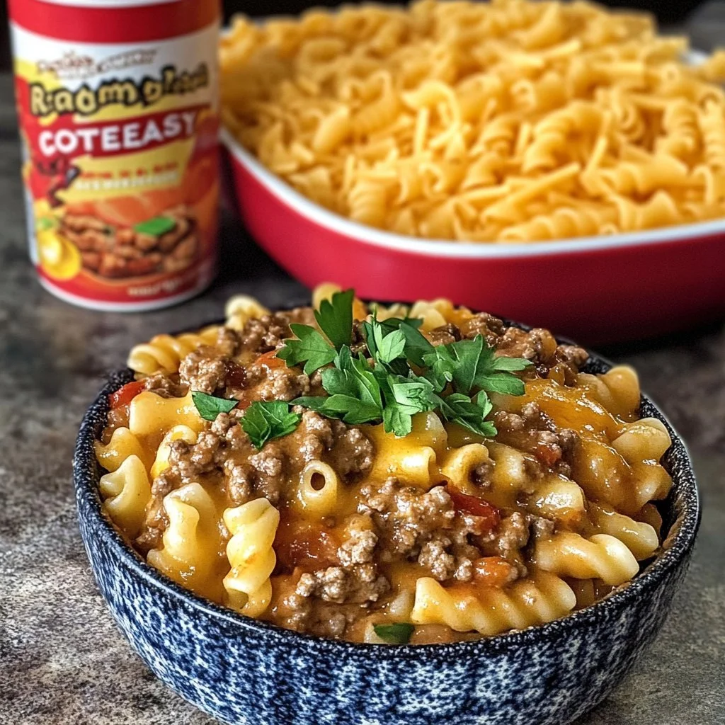 4 Ingredient Hamburger Casserole served in a baking dish
