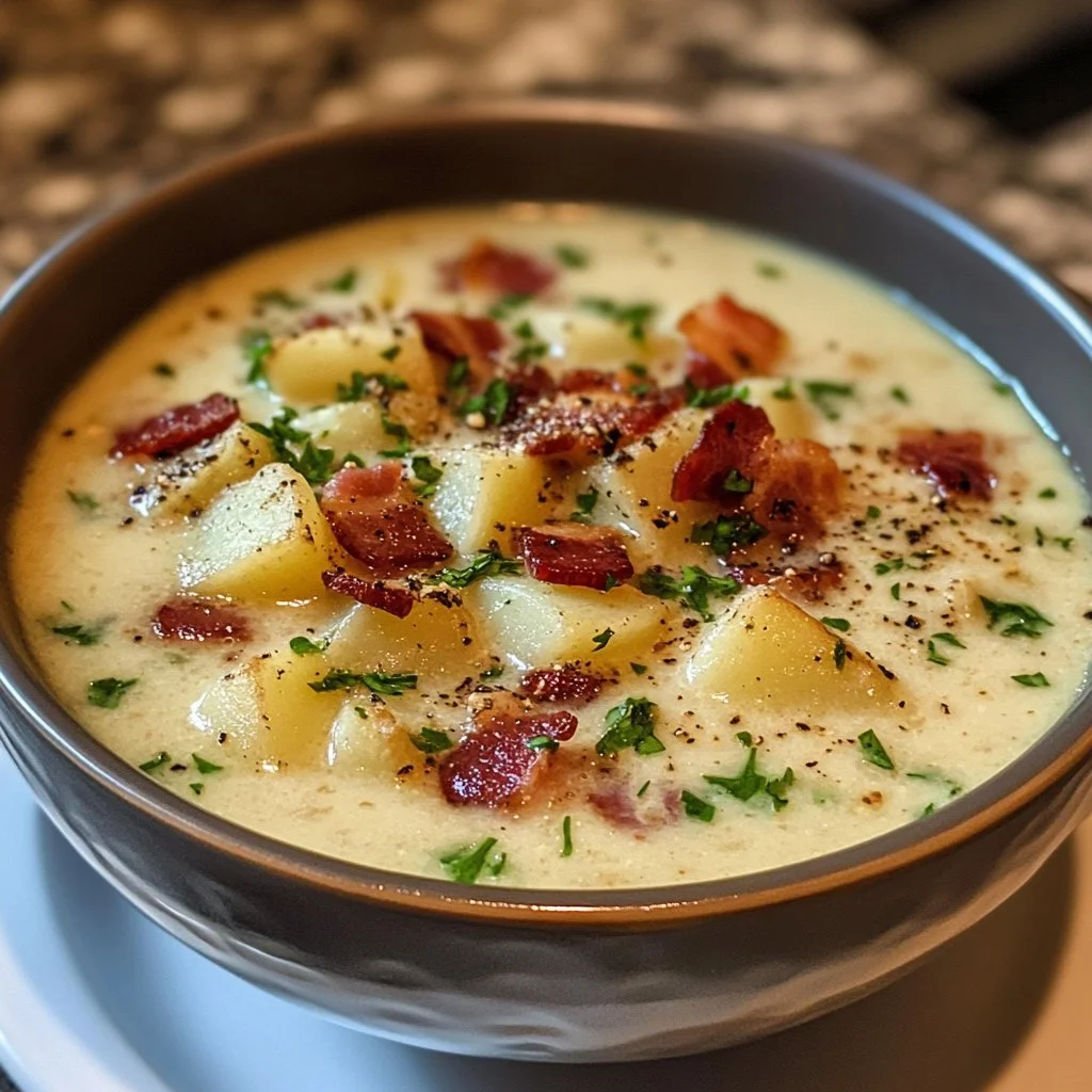 Bowl of creamy Bacon Potato Soup topped with crispy bacon and herbs