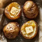 Delicious baked potato topped with butter and chives