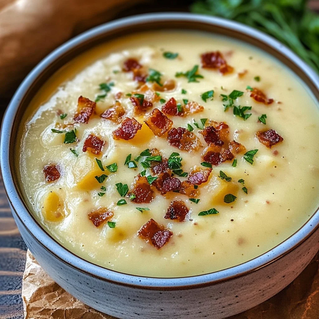Delicious bowl of creamy baked potato soup topped with chives and cheese
