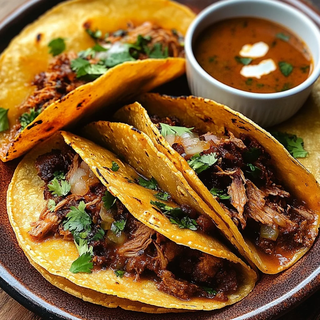 Cheesy Beef Birria Tacos served with broth for dipping