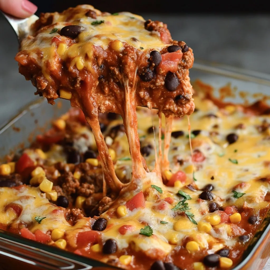 Delicious beef enchilada casserole served with fresh toppings.