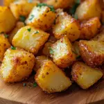 Golden brown crispy roast potatoes served in a rustic dish