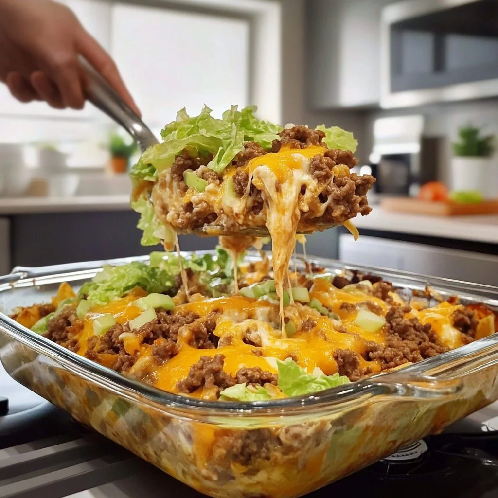 Big Mac Casserole served in a baking dish, showcasing layers of beef, cheese, and toppings.