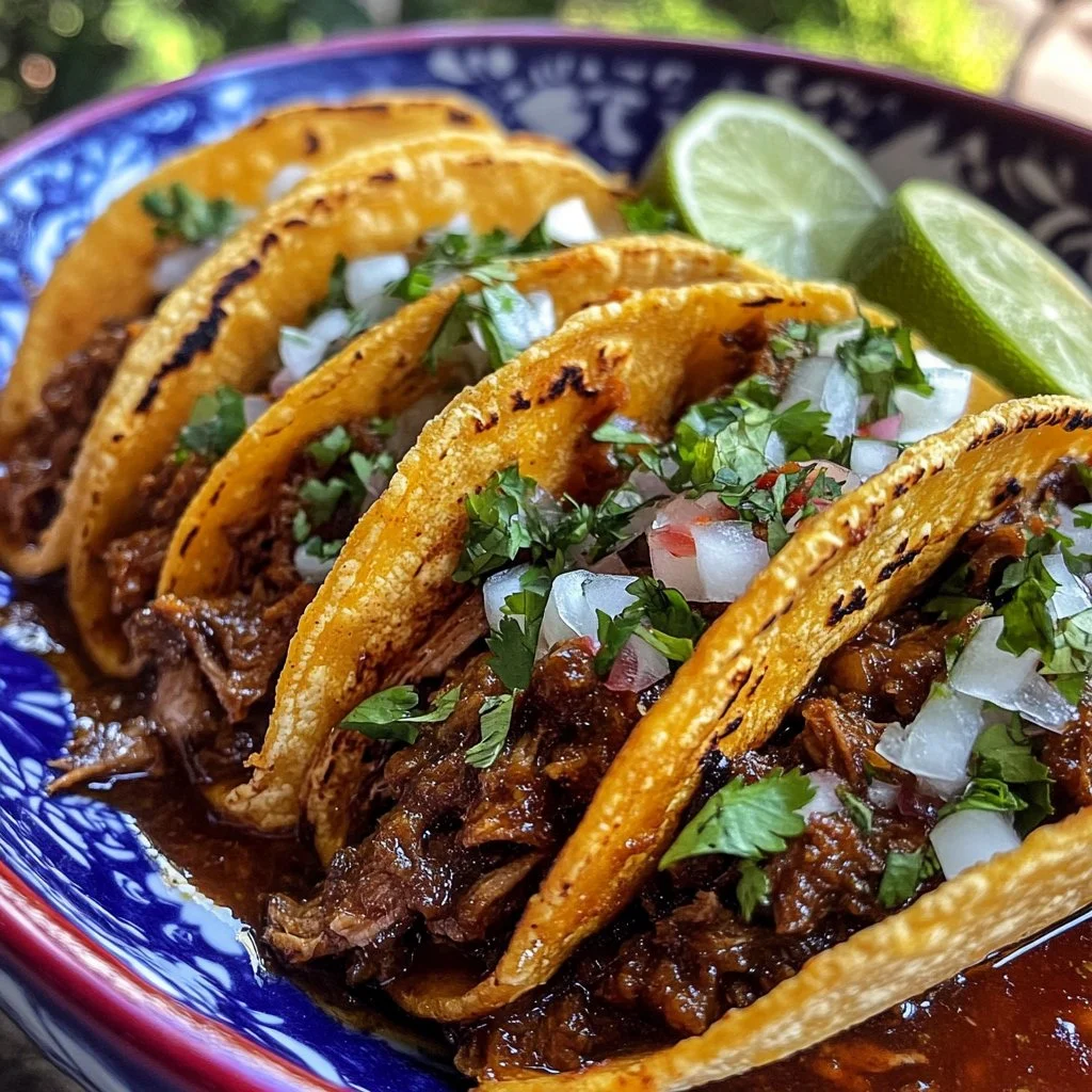 Delicious plate of Birria Tacos with vibrant toppings and broth