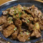 Delicious plate of black pepper beef with vegetables and rice
