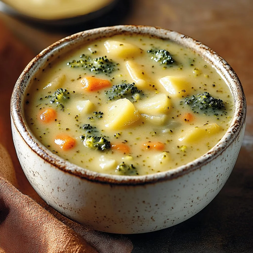 Bowl of creamy Broccoli Potato Cheese Soup garnished with fresh herbs