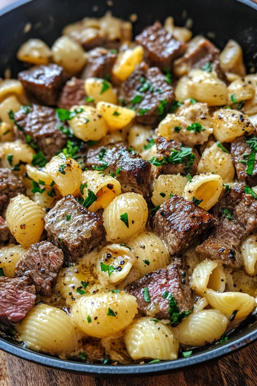 Buttery Steak & Cheesy Shells Skillet