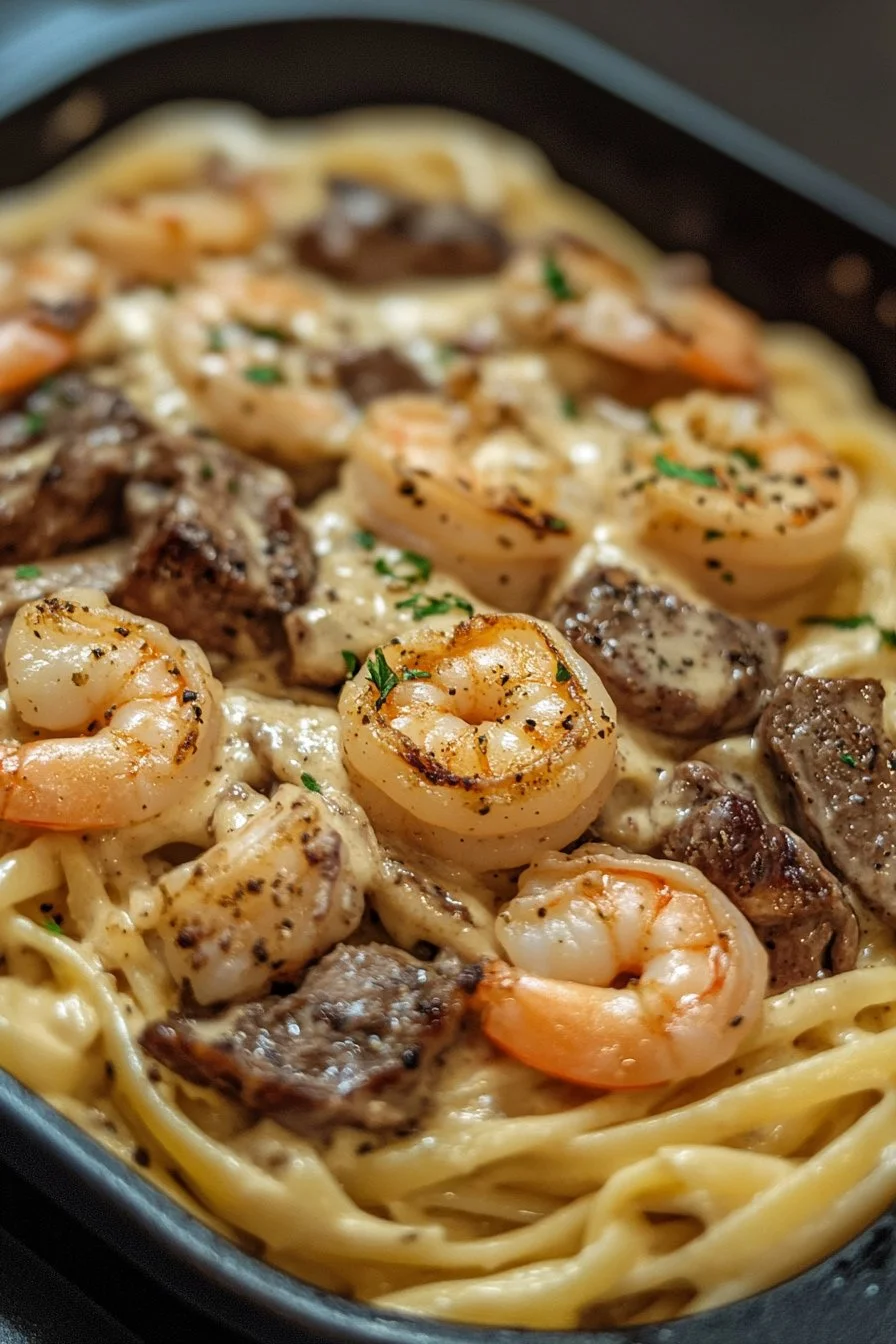 Cajun Shrimp and Steak Alfredo Pasta