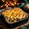 Delicious homemade cheeseburger casserole with toppings