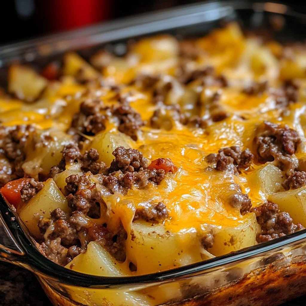 Delicious Cheesy Beef and Potato Casserole served in a baking dish.