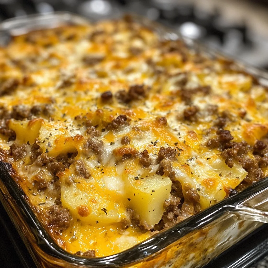 Cheesy ground beef and potato casserole baked to perfection in a dish