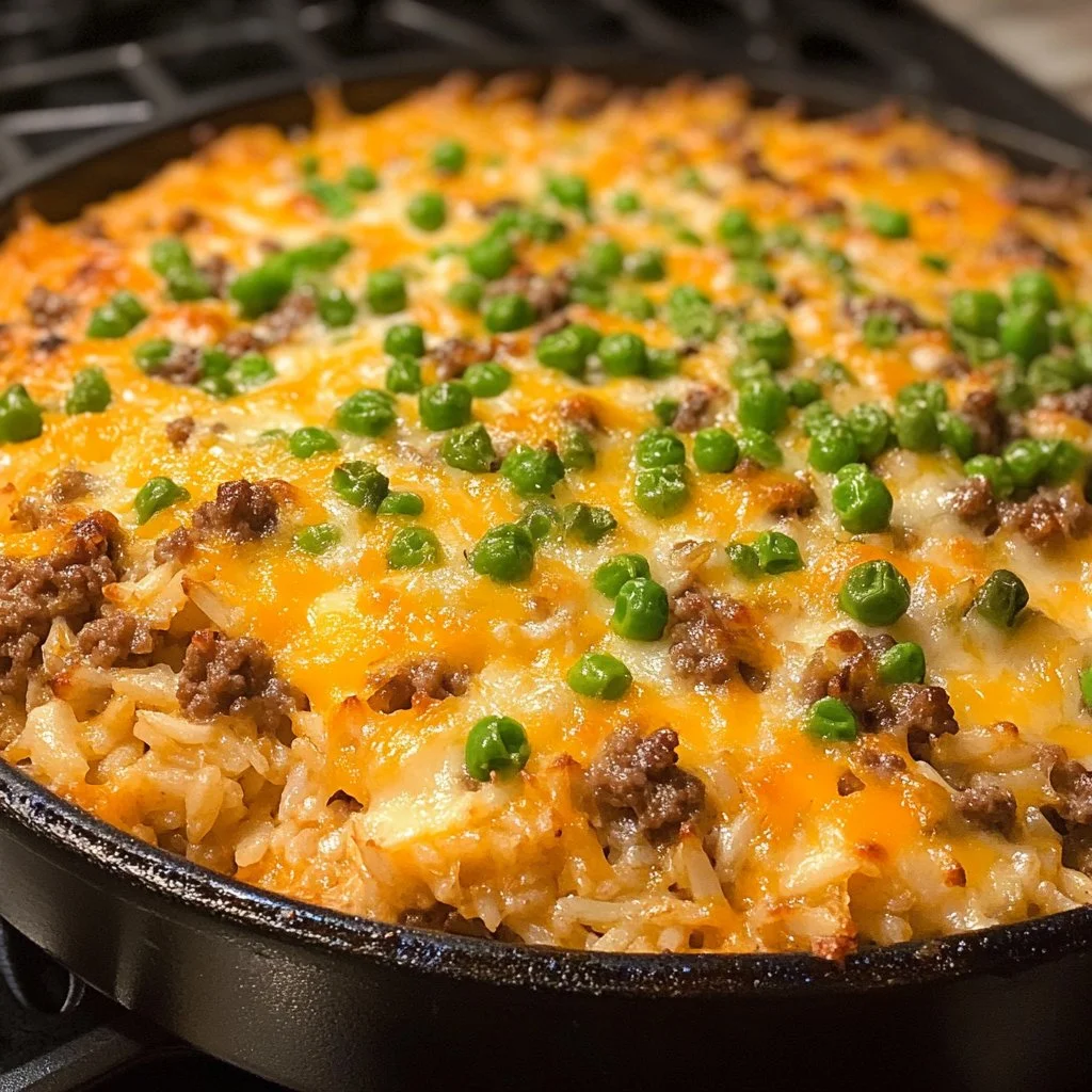 Cheesy ground beef rice casserole baked in a dish, topped with melted cheese.