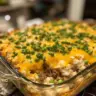 Cheesy Ground Beef Rice Casserole in a baking dish