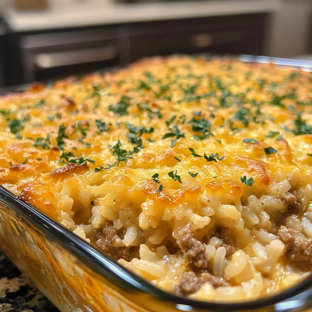 Cheesy ground beef rice casserole topped with melted cheese and herbs
