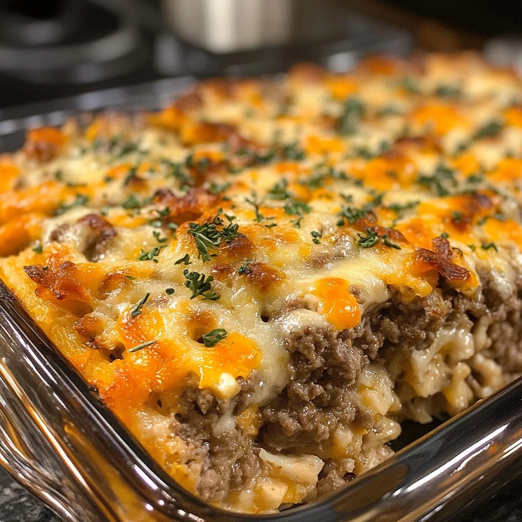 Cheesy loaded meatloaf casserole dish served with melted cheese and toppings