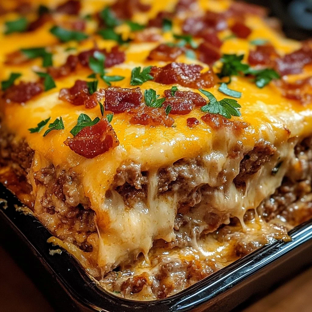 Cheesy Loaded Meatloaf Casserole with melted cheese and savory toppings