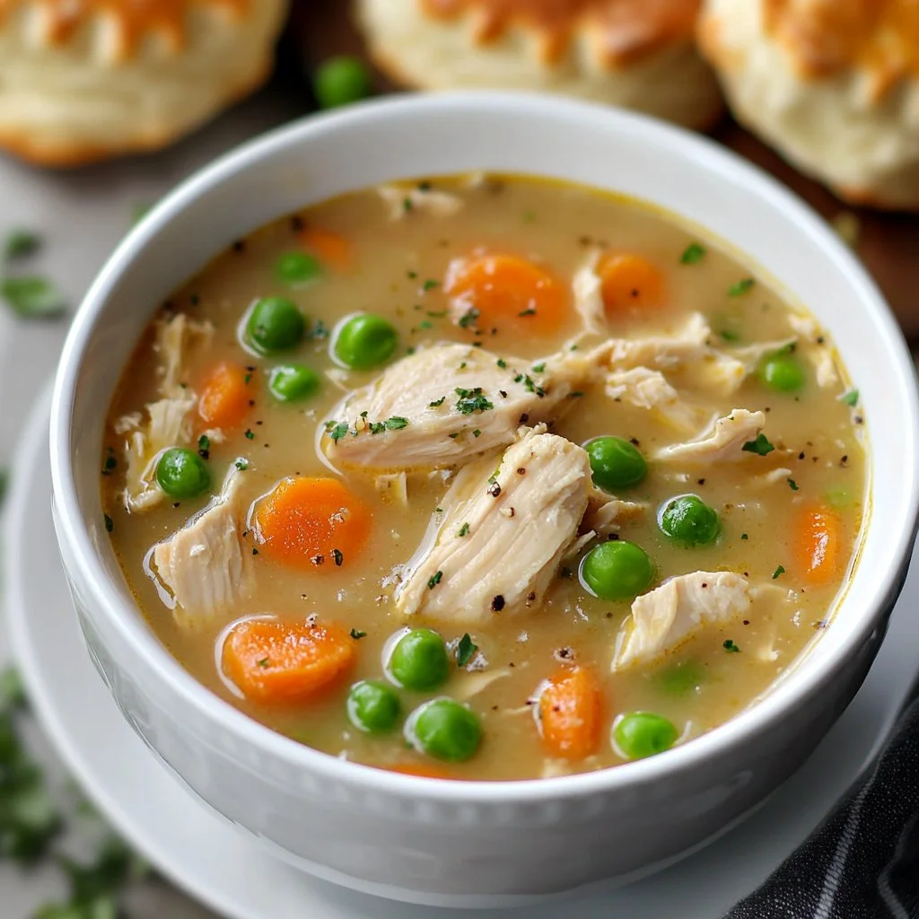 Delicious Chicken Pot Pie Soup served in a bowl with fresh herbs.