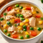 Delicious Chicken Pot Pie Soup garnished with herbs in a bowl