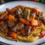 Cowboy Butter Steak Linguine with roasted carrots, a flavorful dinner dish