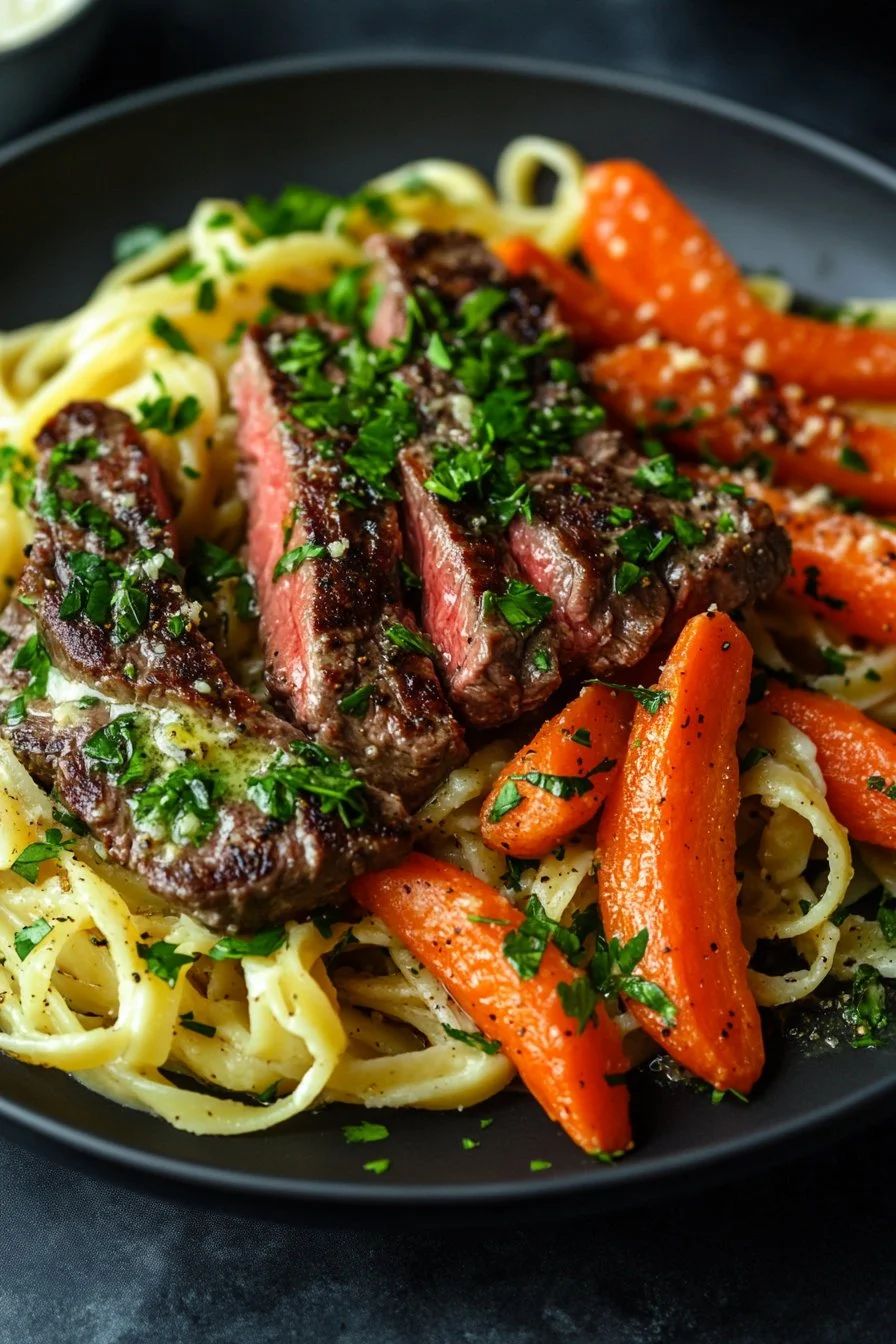 Cowboy Butter Steak Linguine with Roasted Carrots & Parsley