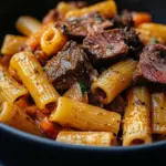 Delicious Cowboy Butter Steak Pasta served in a bowl with fresh herbs.
