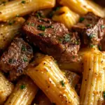 Delicious Cowboy Butter Steak Pasta garnished and ready to serve