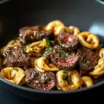 Delicious Cracked Garlic Steak Tortellini in rich creamhouse sauce
