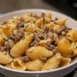Creamy beef and shells pasta dish garnished with herbs
