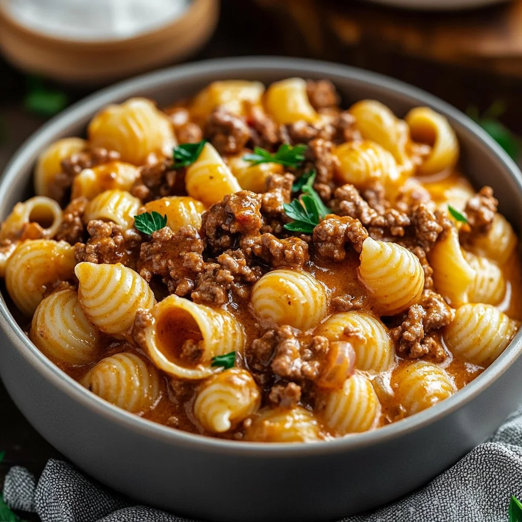 Creamy beef and shells dish served in a bowl with herbs on top