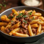 Creamy beef pasta topped with cheese and herbs in a bowl