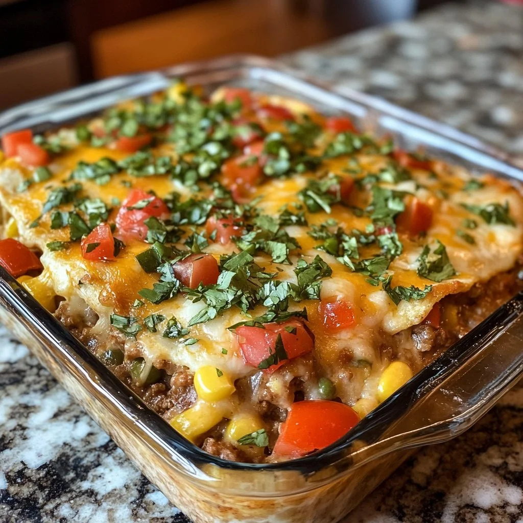 Delicious creamy burrito casserole served in a dish, topped with fresh ingredients.
