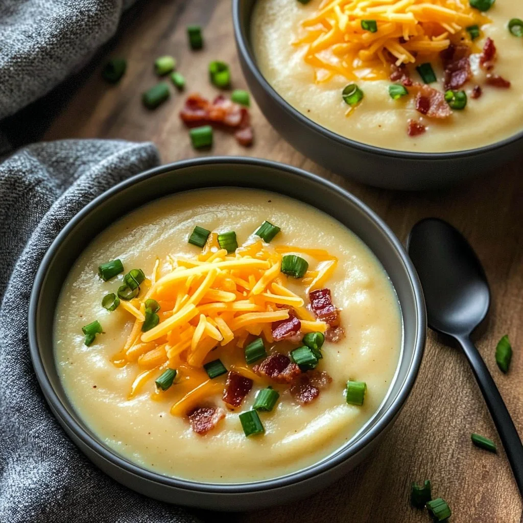 Creamy cheesy potato soup in a bowl, garnished with herbs.