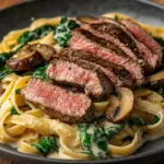 Creamy garlic pasta with sirloin and spinach served in a bowl