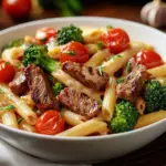Creamy Garlic Steak Penne with Broccoli and Cherry Tomatoes dish